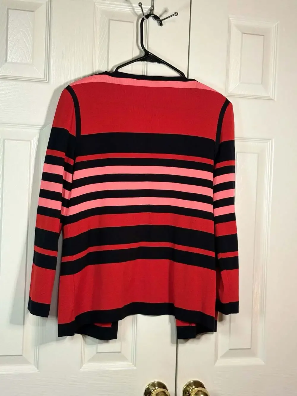 Misook Women's Red Black Striped Knit Open Front Jacket Cardigan Size M